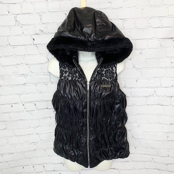 BEBE BLACK HOODED LACE GATHERED PUFFER VEST - M - Picture 2 of 8